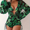 [Sunscreen Green Plant Print Suit] Sexy Tropical Plant Print, Sunscreen Three-piece Suit, Women'S Fashionable Sunscreen Clothing