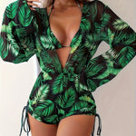 [Sunscreen Green Plant Print Suit] Sexy Tropical Plant Print, Sunscreen Three-piece Suit, Women'S Fashionable Sunscreen Clothing