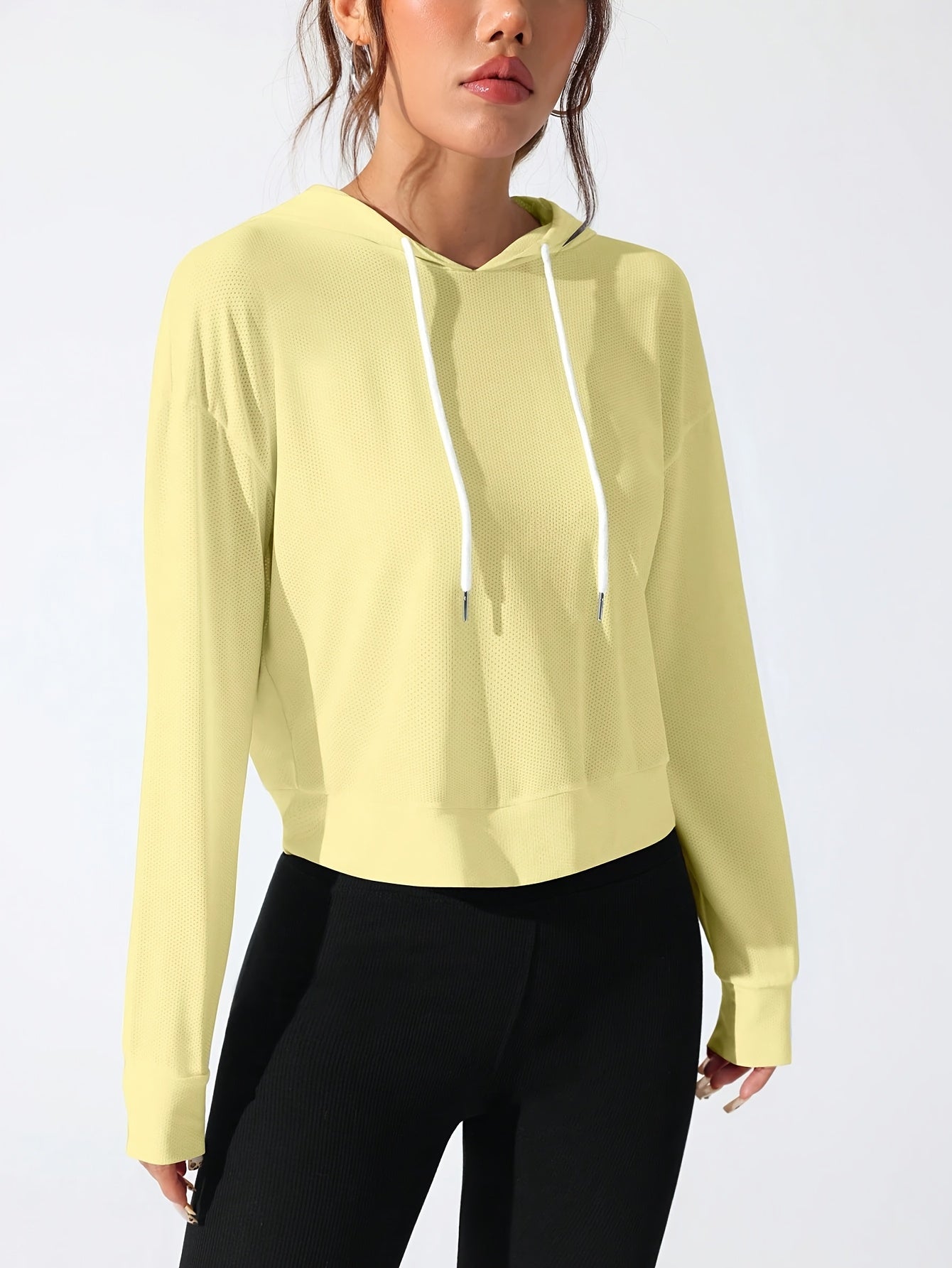 1pc Women's Stylish White Hooded Long-Sleeve Top - 100% Polyester, Semi-Translucent, Lightweight & Breathable for Spring/Summer, Machine Washable, Perfect for Tennis, Gym, and Casual Wear
