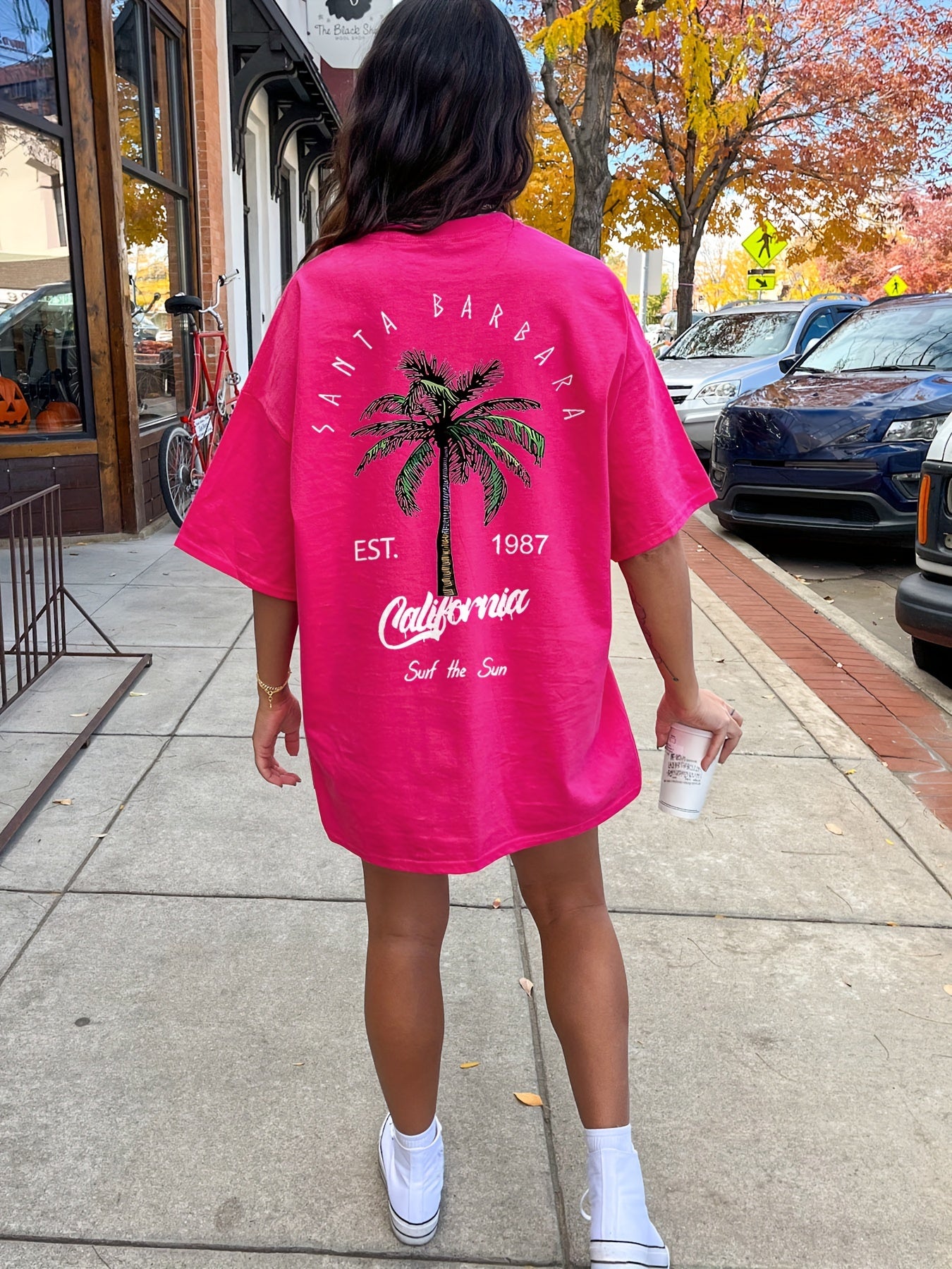 Letter & Coconut Tree Print Crew Neck Tee Dress, Casual Short Sleeve Dress For Spring & Summer, Women's Clothing