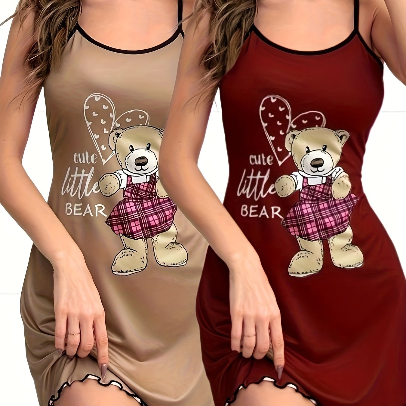 Two Pieces of Bear Print Pajamas, a Round-Neck Ruffled Edge Backless Camisole Dress, Women'S Sleepwear.