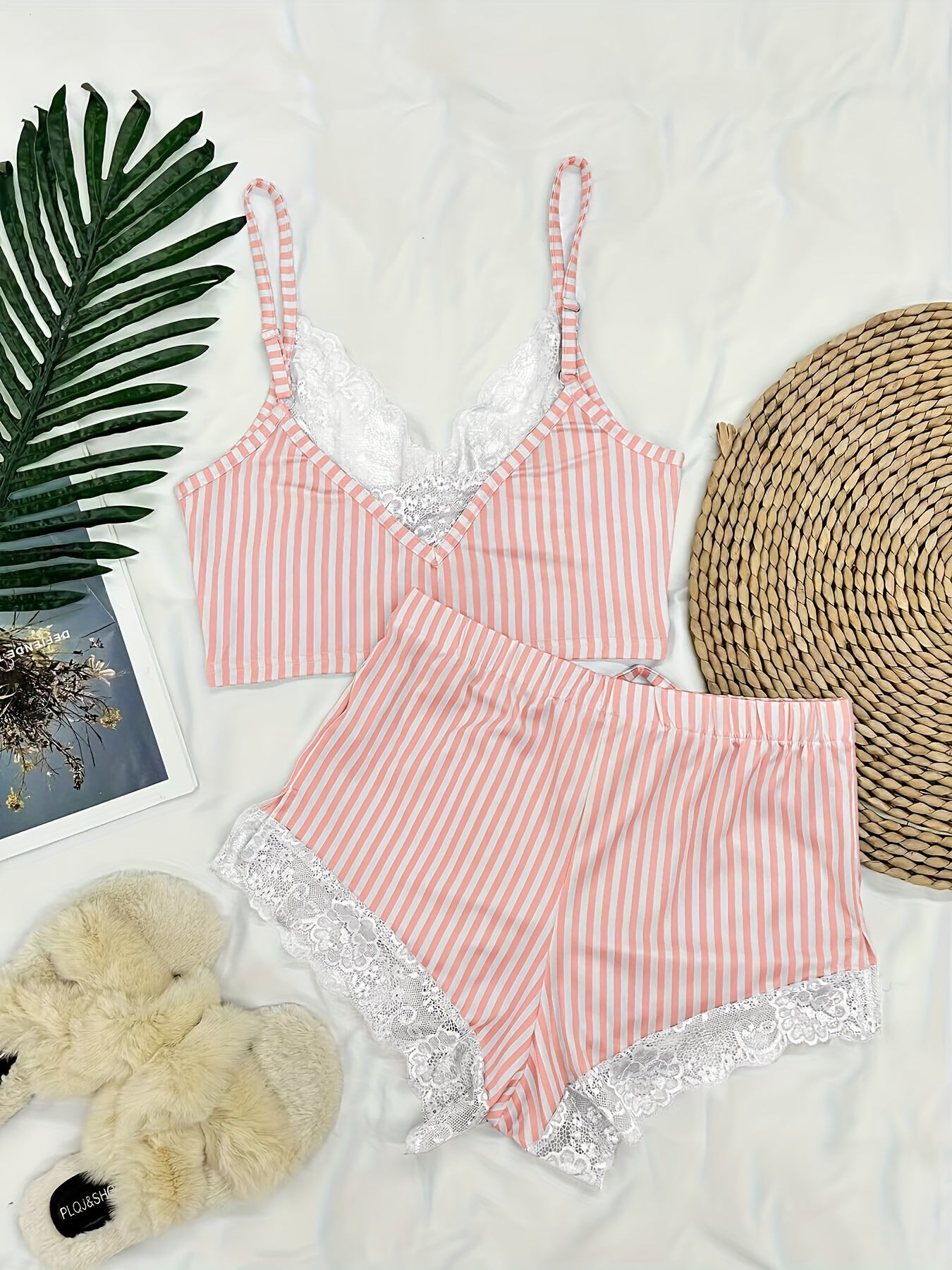 Striped Printed Lace Splicing Double Side Opening Comfortable, Soft And Skin-friendly Home Pajamas Set
