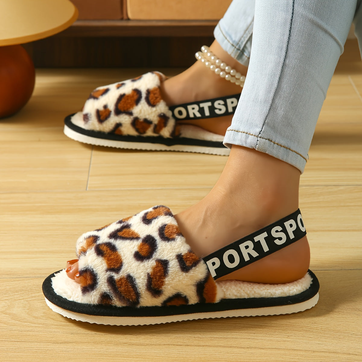 Fluffy Leopard Home Warm Slippers, Letter Elastic Strap Soft Sole Bedroom Shoes, Non-slip Floor Mute Shoes