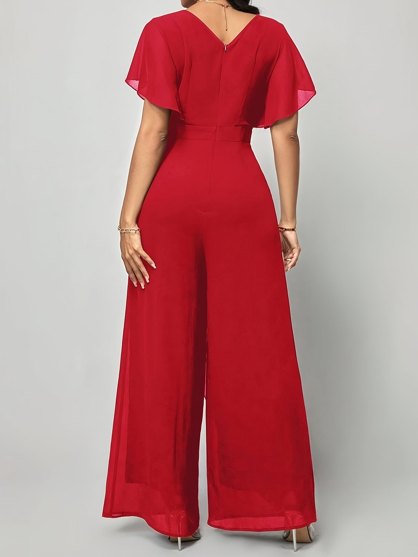 Elegant Green V-Neck Jumpsuit for Women - Solid Color, Wide Leg with Ruffle Sleeves & Tie Waist, Lightweight Polyester, Machine Washable - Perfect for Spring & Summer