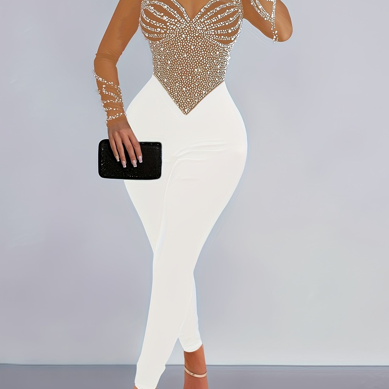 Rhinestone Illusion Neck Jumpsuit, Elegant Long Sleeve Tight Jumpsuit For Party & Club - Women's Clothing -  Sparkly Rhinestone Design -  Suitable for Evening Events & Parties - Perfect Gift for Women