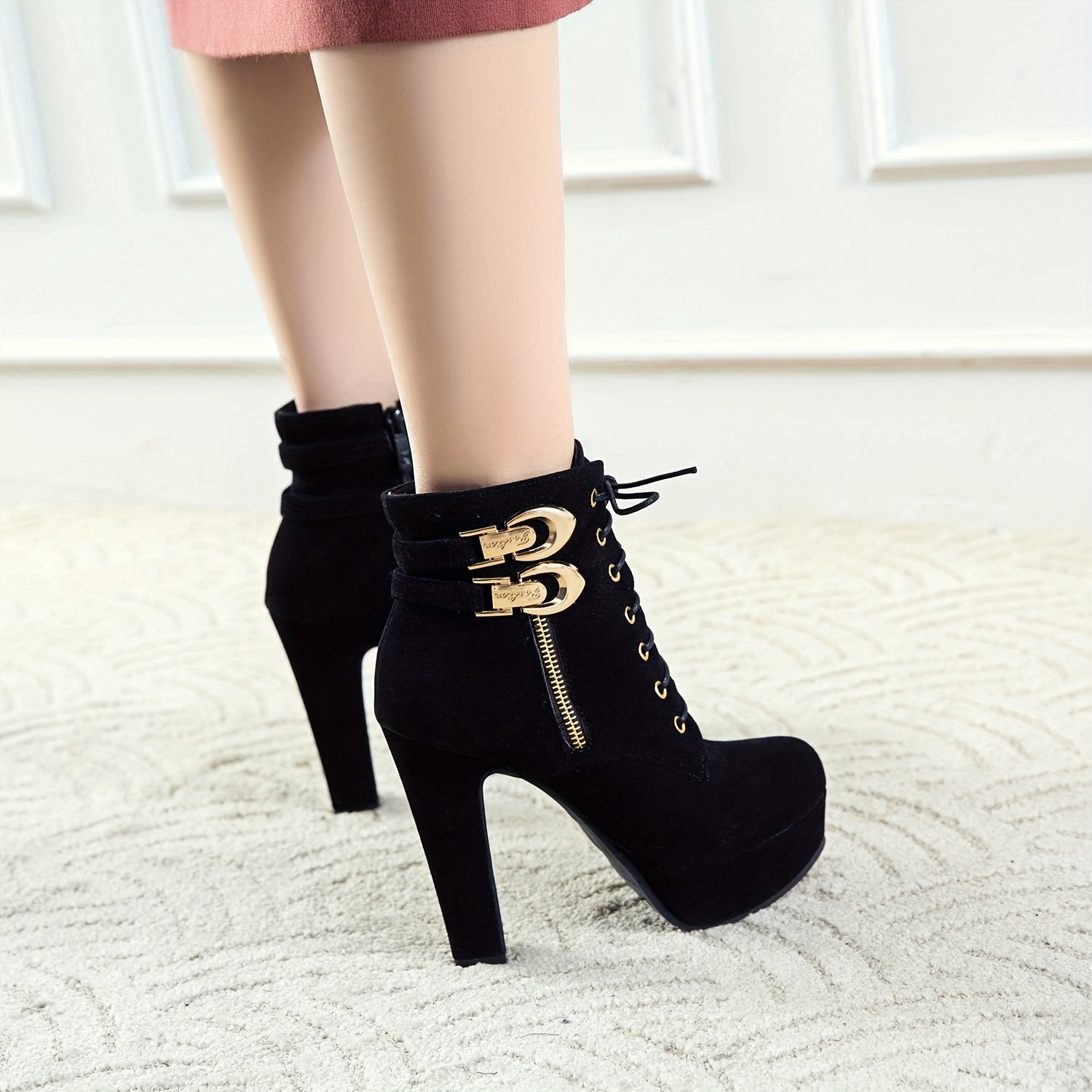 Women's Chunky Platform High Heel Ankle Boots with Lace-Up Front & Back, Golden-Tone Buttons, Zipper Closure, Round Toe - Machine Washable PU Cover Winter Casual Boots, Semiformal Footwear | Adjustable Buckle Heels, High Heel