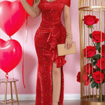 Elegant Off-Shoulder Sparkling Red Party Dress with Split Detail - Perfect for Adult Women, Spring/Summer Event Attire, Bodycon Style, Elegant Attire | Sparkling Fabric | Offshoulder Design, Plus Size Dress