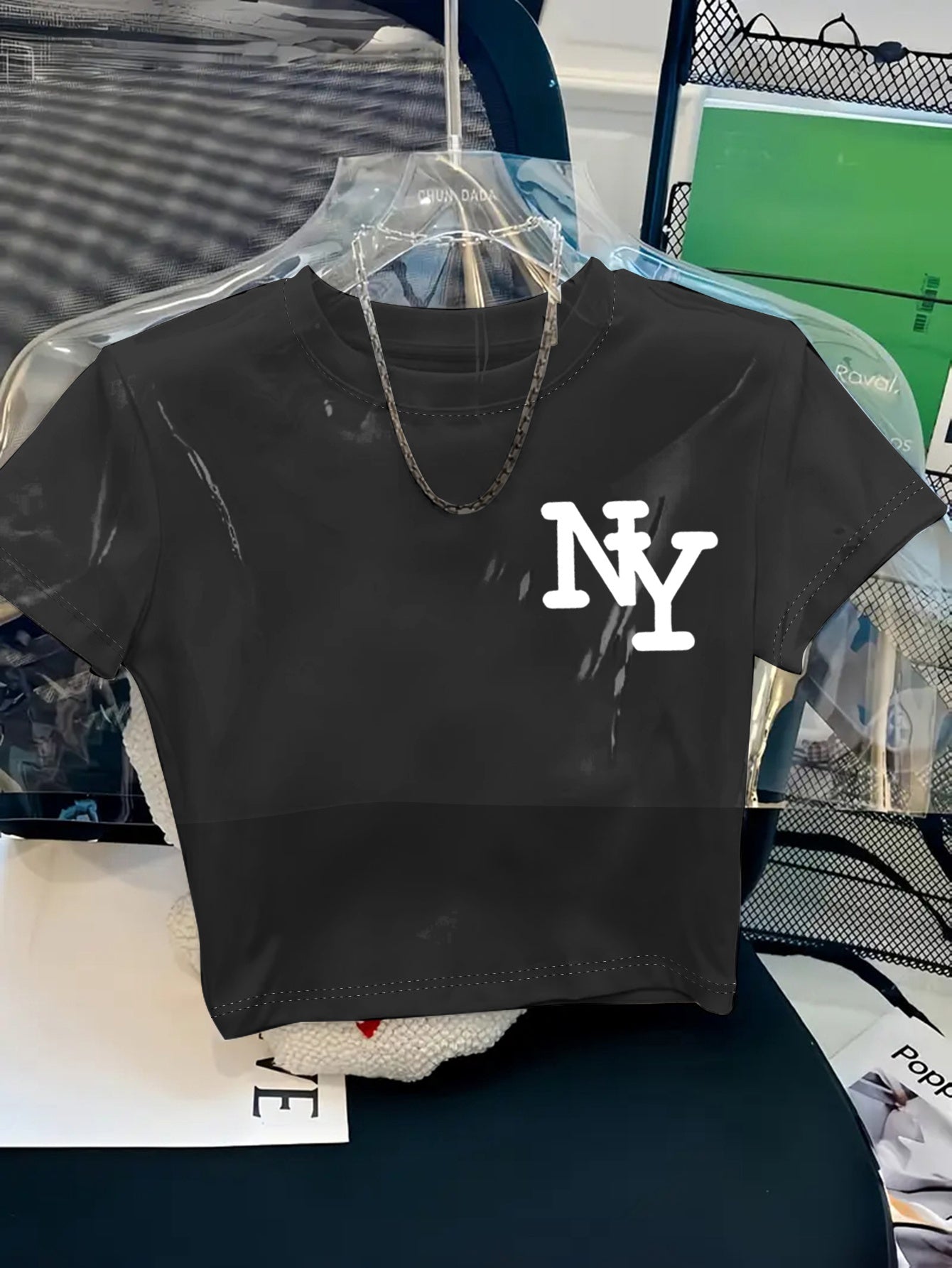 Women's Y2K Style NY Monogram Graphic T-Shirt - Soft Stretchy Polyester Blend, Oversized Cropped Fit, Machine Washable Spring/Summer Casual Top