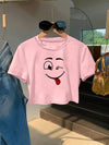 Women's Y2K Style Cropped T-Shirt - Light Pink joyful Face Graphic, Soft & Comfortable Fabric, Machine Washable, Spring/Summer Casual Top, Ladies T Shirts