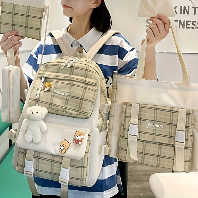 Fashionable And Lovely Plaid Backpack - Five-piece Set - Casual Simple Backpack - For Women - Suitable for School, Travel, Everyday Use - Perfect Gift for Teen Girls