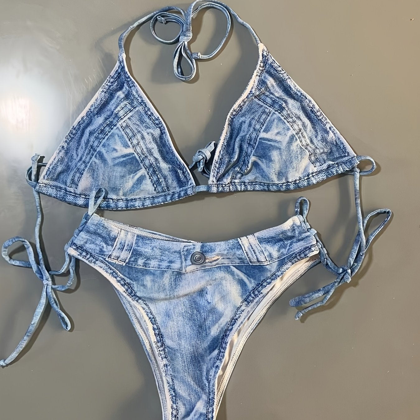 2 Piece Faux Denim Print Triangle Bikini Set - Tie Strap Halter Backless Design, Adjustable Straps, Ruffled Trim, Women's Swimwear & Clothing for Summer Beach Vacation
