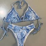 2 Piece Faux Denim Print Triangle Bikini Set - Tie Strap Halter Backless Design, Adjustable Straps, Ruffled Trim, Women's Swimwear & Clothing for Summer Beach Vacation