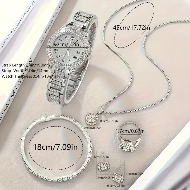 6pcs Elegant Women'S Jewelry Set - Zinc Alloy Body with Rhinestone Embellishments, Includes Quartz Roman Numerals Watch, Bracelet, Ring, Earrings, and Pendant Necklace - Versatile for Daily Wear and Gifting