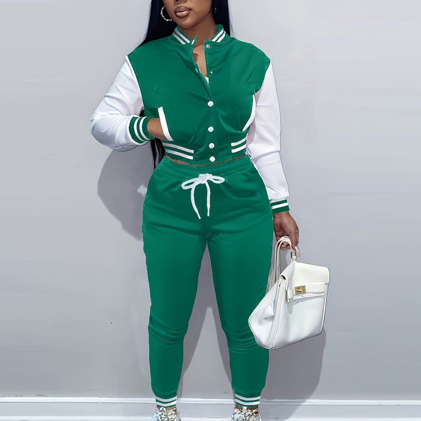 Casual Two-piece Set, Button Front Bomber Jacket & Drawstring Pants Outfits, Women's Clothing