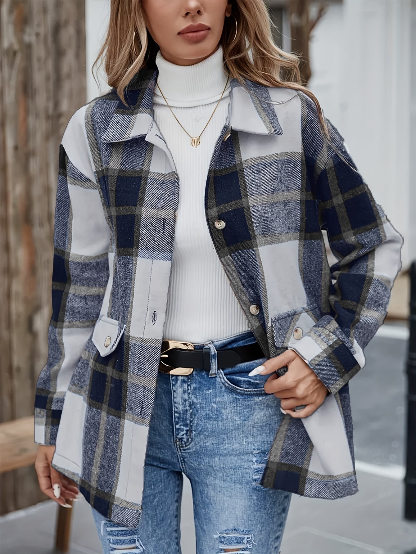 Elegant Plaid Long Sleeve Shirt, Women'S Blue, Polyester, Lapel Collar, Woven, 120gsm, for Spring/Summer