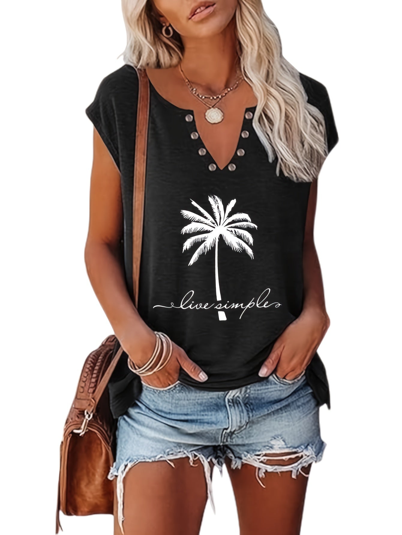 European & American Fashion Two-Piece Set – Printed V-Neck Button Vest & Matching Casual Bottoms, Lightweight Polyester-Rayon Blend