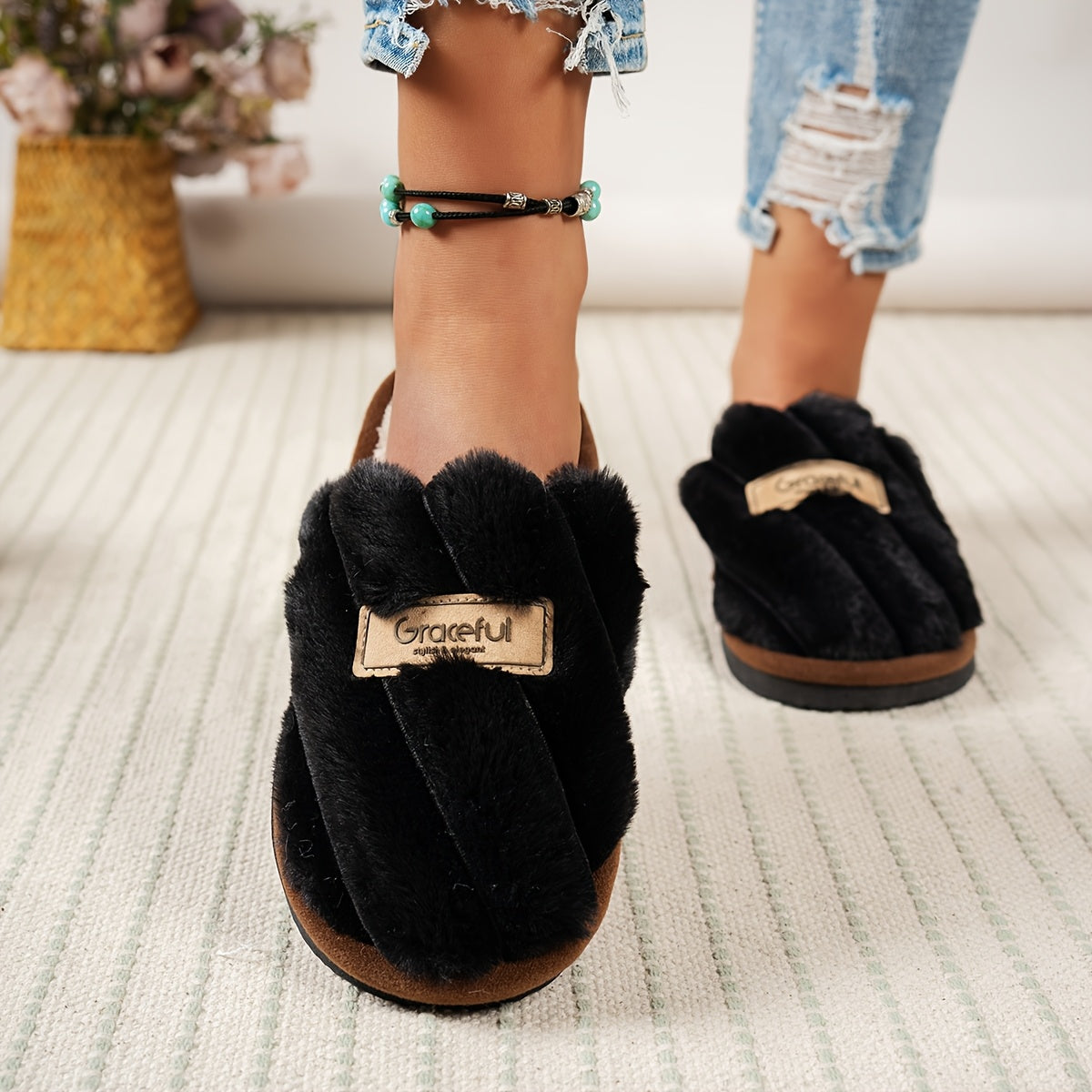 Women'S Minimalist Stylish Indoor Cozy Warm Soft-Bottom Silent Fluffy Slippers