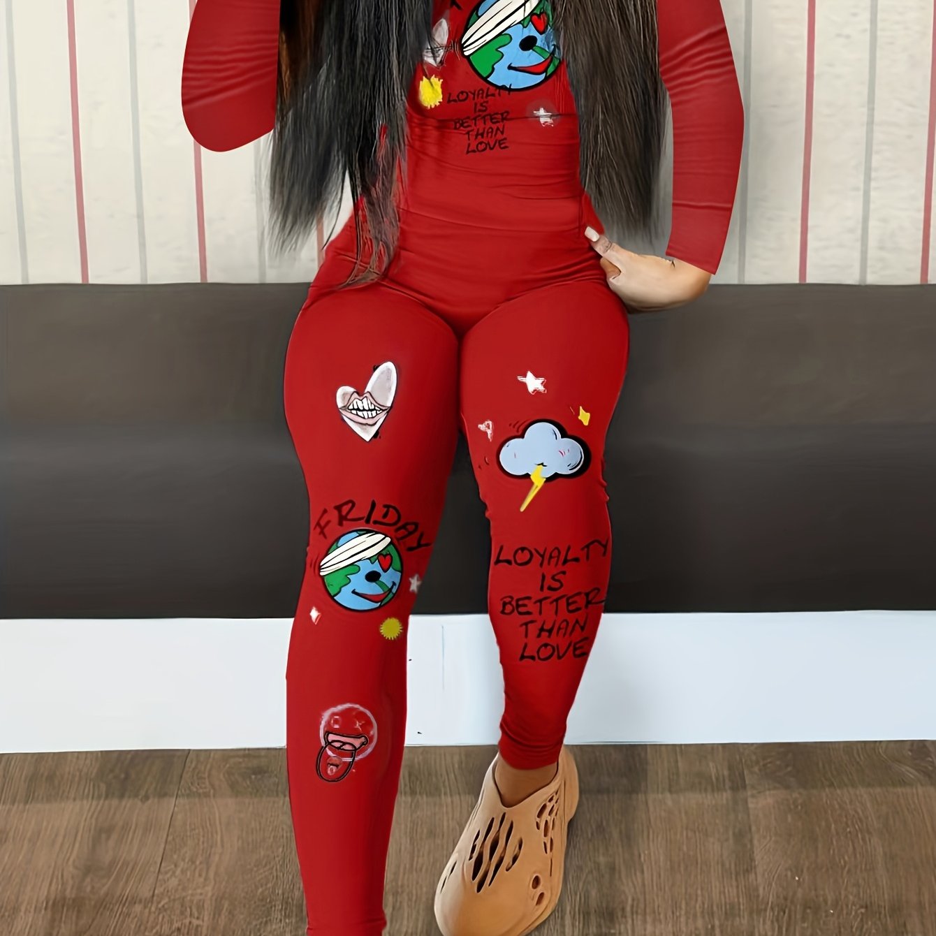 Graffiti Printed Casual Two-piece Set, Round Neck Long-sleeved Top And High-waisted Pants Suit, Women's Clothing