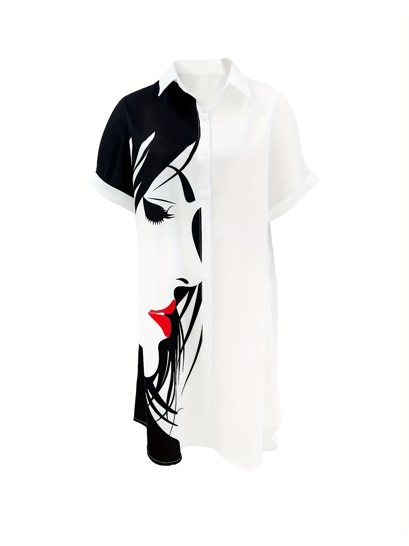 Figure Print Button Front Blouse, Casual Short Sleeve Mid-length Blouse For Spring & Summer, Women's Clothing
