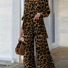 Elegant Women's Leopard Print Pantsuit Set - Spring/Fall Polyester Woven Fabric with Reversible Collar, Full-Print Design, No Detail - Stylish and Comfortable