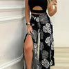 Tropical Two-Piece Set - Elegant Vest-Style Crop Top with Cut-Out Detail & High-Waisted Split Thigh Pants for Spring & Summer - Polyester Micro Elasticity Knit Fabric, Random Print, All Seasons Wear