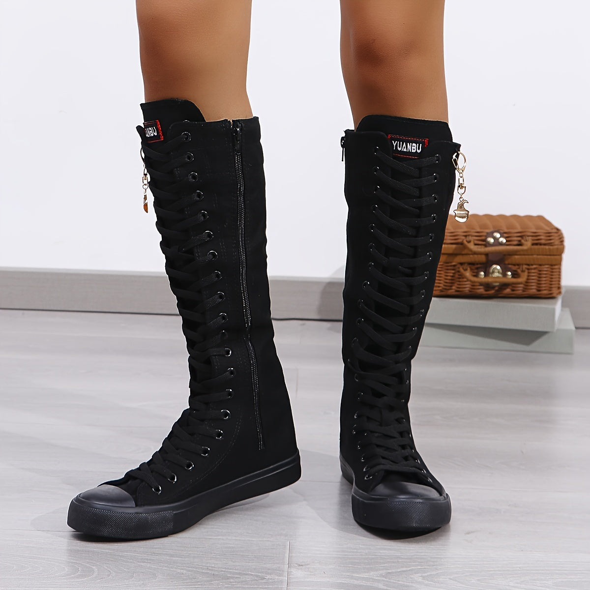 YUANBU Women'S Stylish Black Knee-High Boots with Colorful "YUANBU" Lettering - Casual Flat Sole, Side Zipper, Lightweight Sneakers for Halloween, Parties & Daily Wear, Sizes 5-12, Halloween Shoes