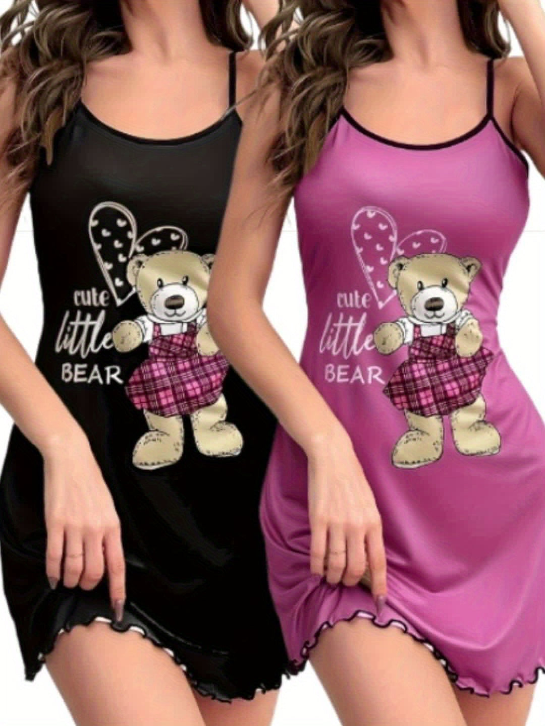 Two Pieces of Bear Print Pajamas, a Round-Neck Ruffled Edge Backless Camisole Dress, Women'S Sleepwear.