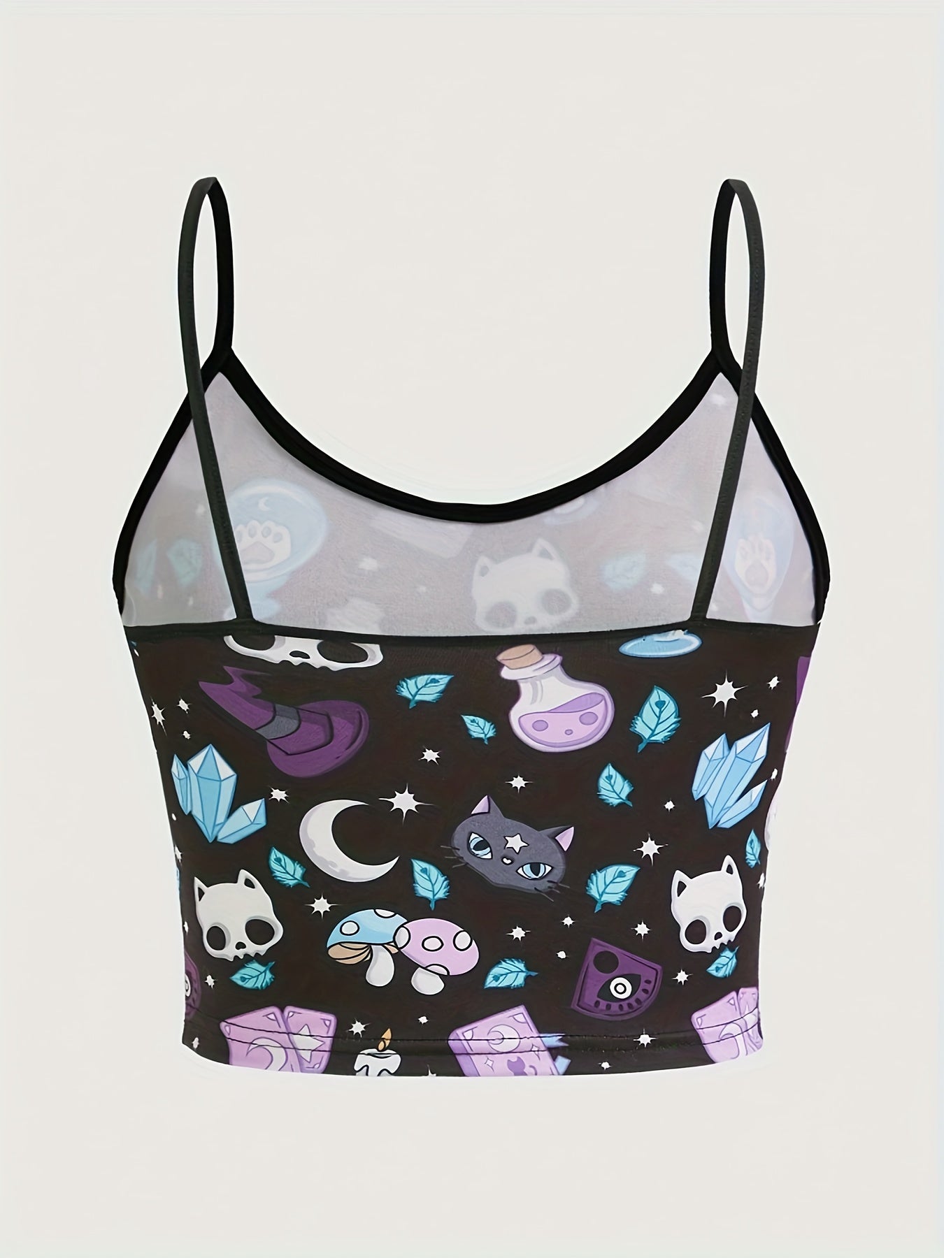 Cat & Mushroom Print Cami Top, Casual Sleeveless Cami Top For Summer, Women's Clothing