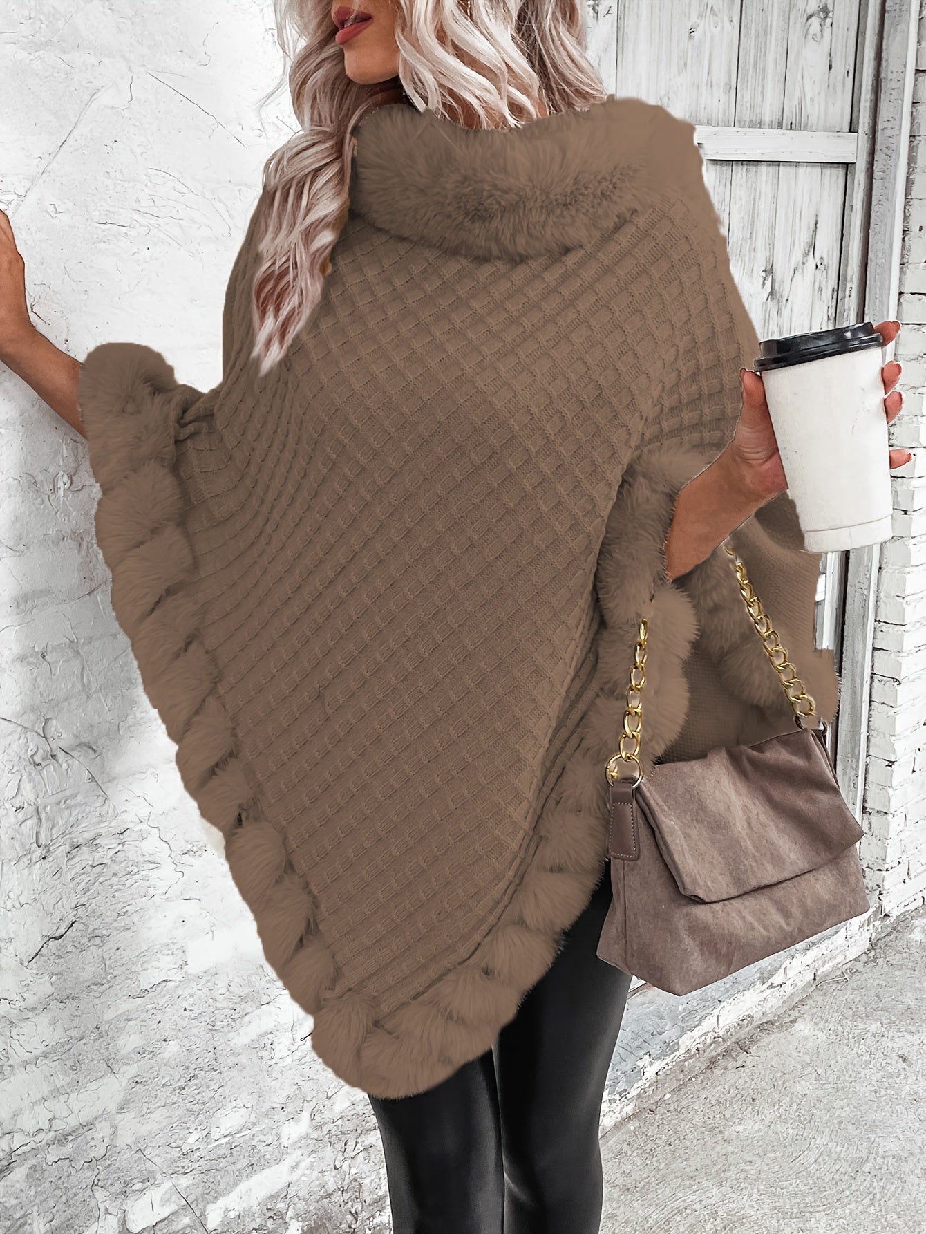 Winter Chic Fur-Trim Turtleneck Sweater - Cozy Long Sleeve, Hanky Hem Design - Perfect for Cold Weather