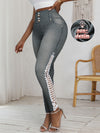 Ladies' High-Elasticity Leggings Made of Faux Denim, Featuring 3D Printing, Casual Style, Hollow Floral, And Lace Decorations for Comfortable Sportswear.