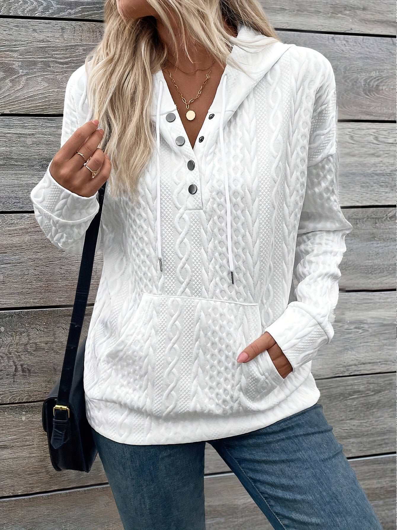 Women's Elegant Pullover Hoodie, Polyester Knit with Cable Pattern, Regular Length, Button Detail, Casual Sweatshirt for Fall/Winter Season