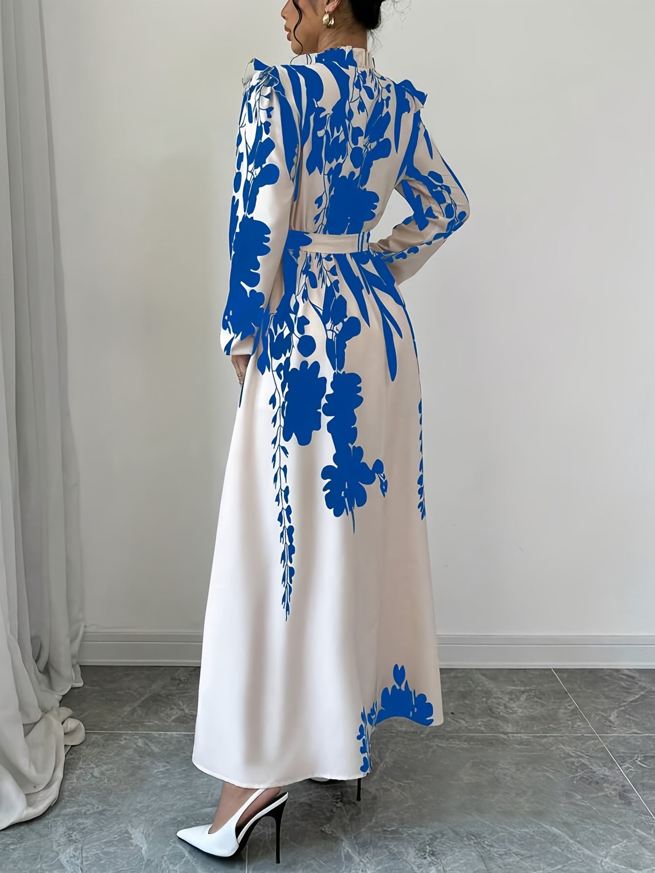Long Sleeve Polyester A-Line Maxi Dress with Elegant Floral Print, Stand Collar, Waist Detail, Lantern Sleeves, and Ruffle Hem for Spring/Fall