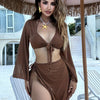 Solid Color 4-piece Bikini Set With Long Sleeve Top, Waist Tie Skirt - Polyester - For Women - Perfect for Beach, Poolside & Summer Vacations - Ideal Gift for Summer Lovers