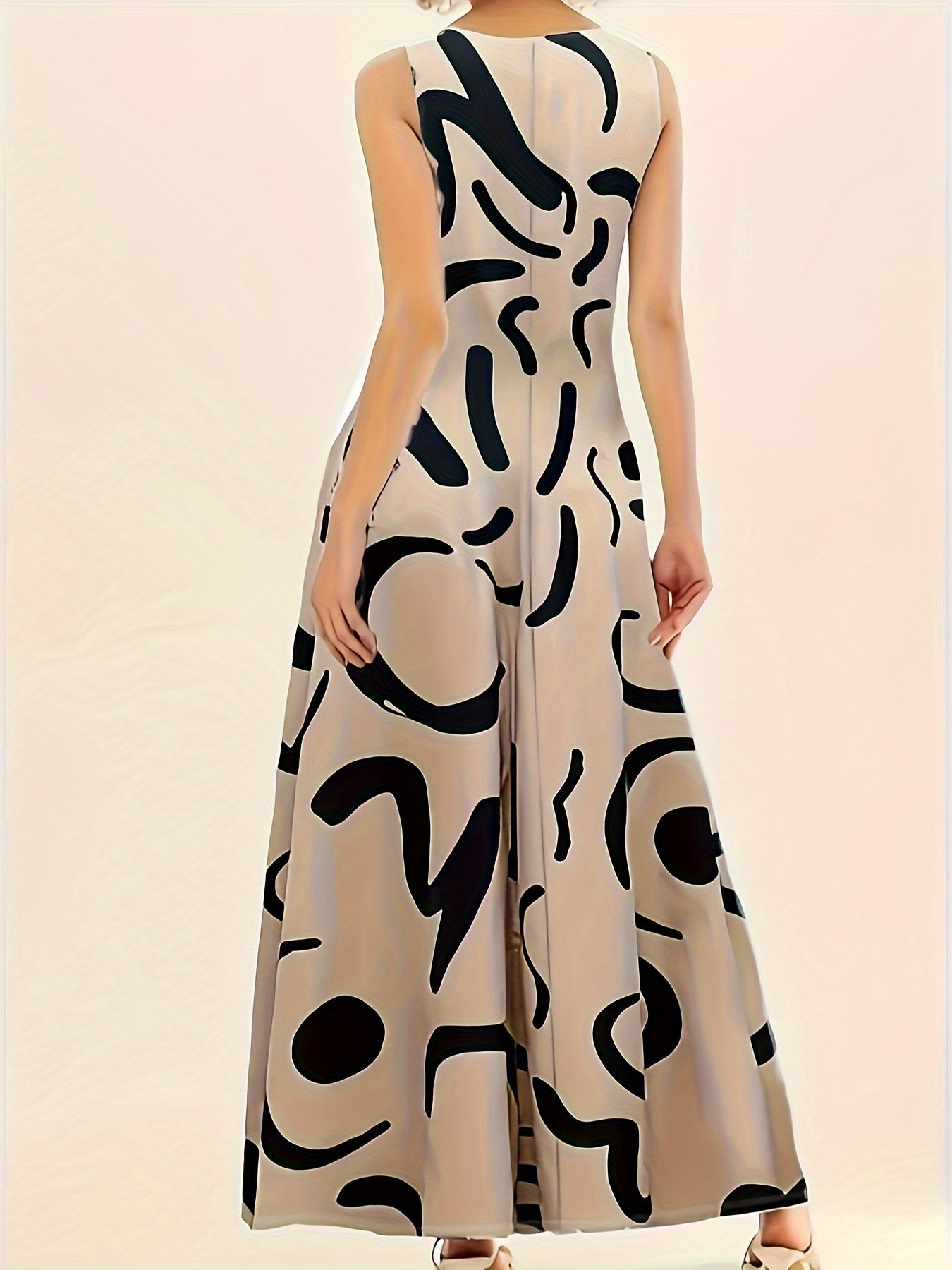 [Maxi Dress with Keyhole Neckline] Elegant Sleeveless Maxi Dress for Women, Polyester and Spandex Blend, Knit Fabric, with Keyhole Neckline and Pockets, Abstract Print Design, for Spring/Summer/Fall