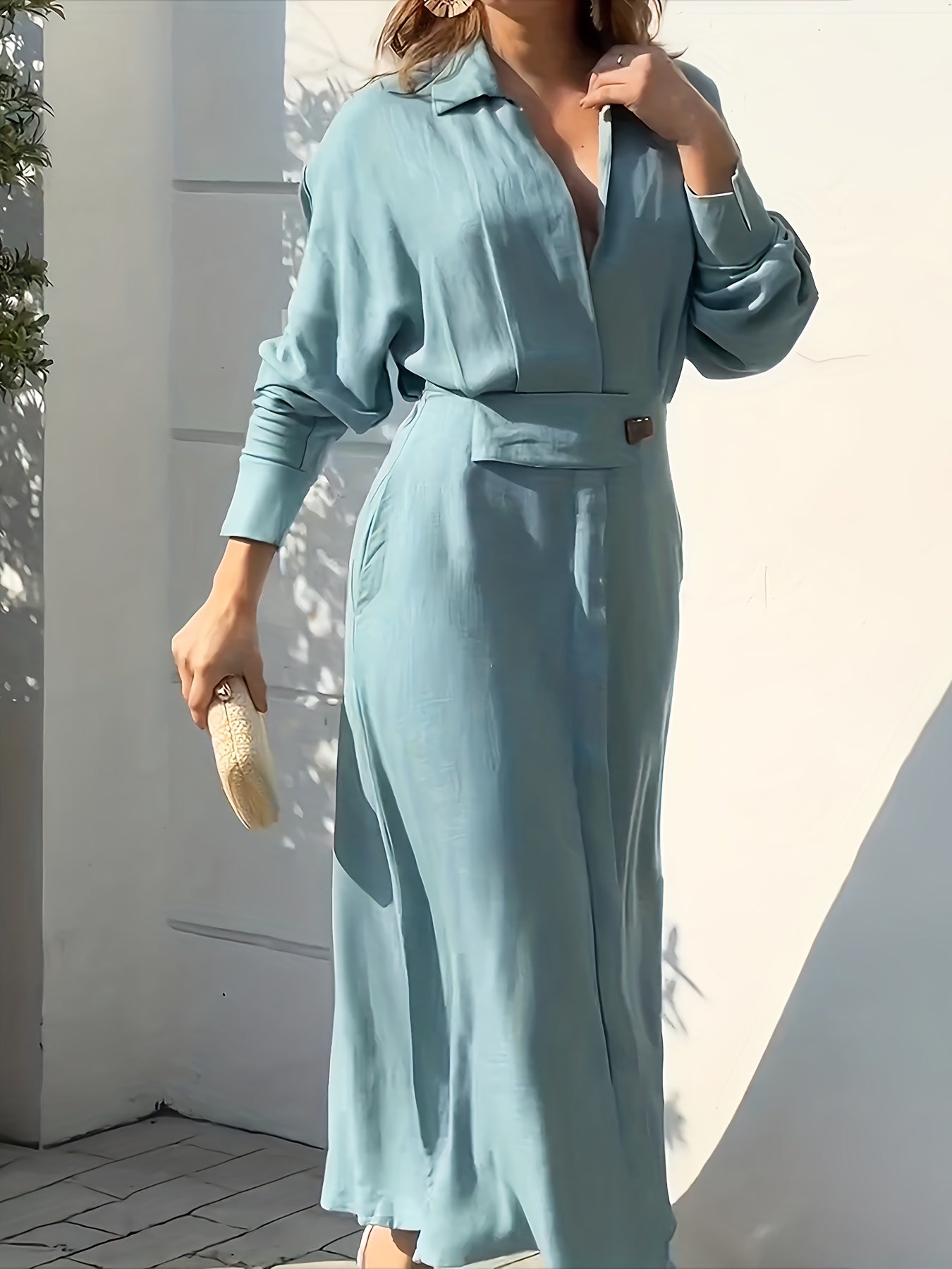 Split Hem V Neck With Pocket Dress, Elegant Long Sleeve Dress For Spring & Fall, Women's Clothing