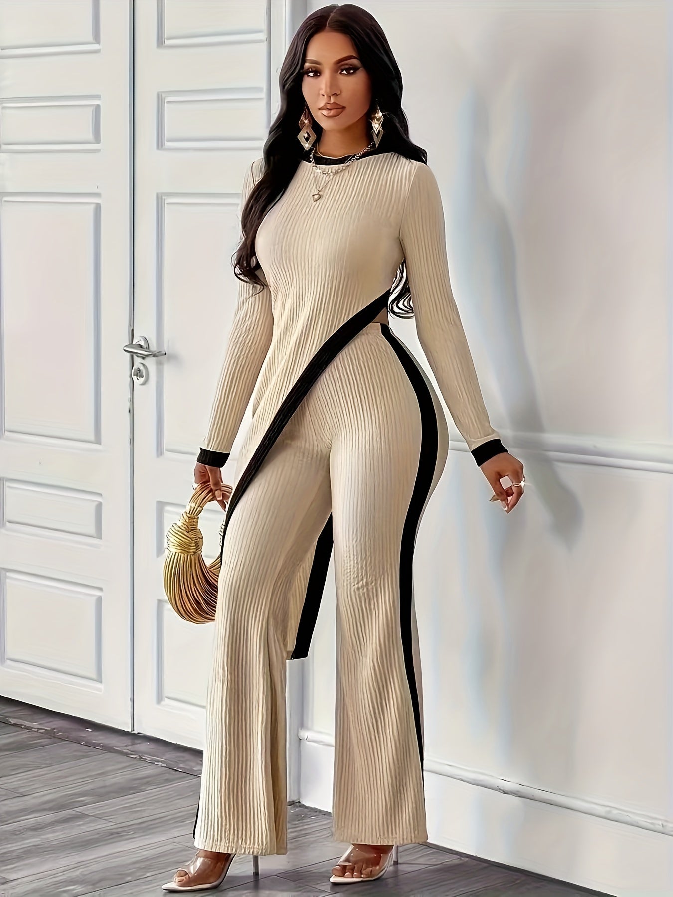 Elegant Women's Asymmetrical Hem T-Shirt & Flared Pants Set - Stretchy Polyester Blend, Machine Washable - Perfect for Spring/Fall