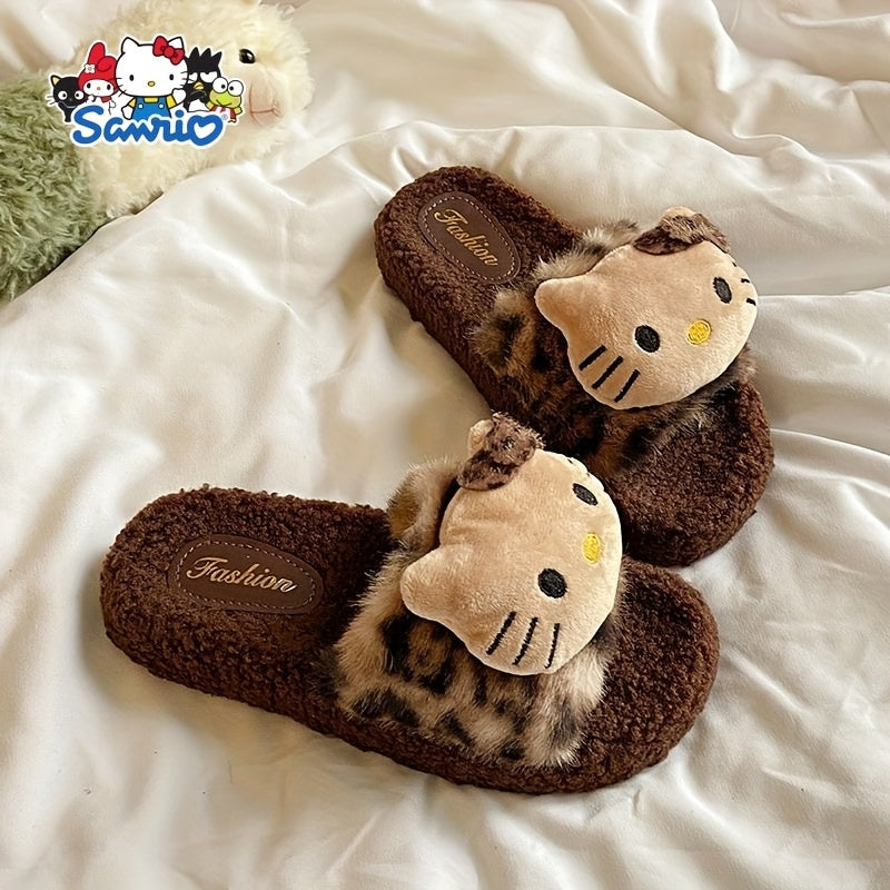 Cozy Hello Kitty Plush Leopard Print Slippers - Non-Slip Soft Sole, Lightweight & Washable, Perfect for Home & Camping, Cute Cartoon Design with Fluffy White Trim, Cozy Indoor Shoes | Playful Bedroom Shoes | PVC Sole Slippers