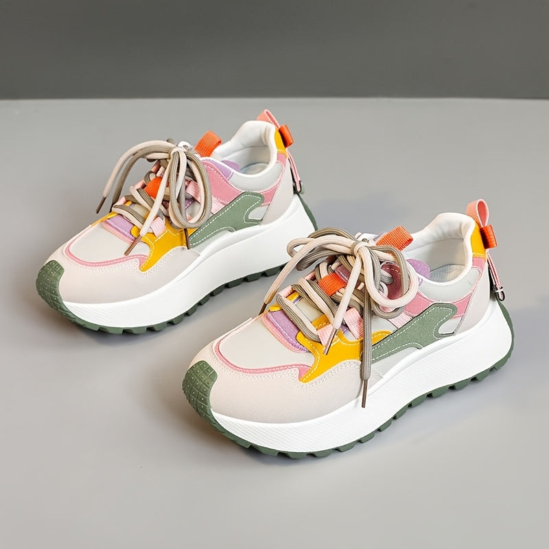 YTMLDY Women'S Fashion Sneakers - Colorful Striped Low Top Lace-Up Shoes with Thick PVC Sole, Breathable Fabric Lining, and Durable Outsole for All-Day Comfort, Casual Sneakers|Vibrant Pattern Shoes|Flexible PVC Sole