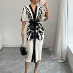 Women's Front Tie Short Sleeve Printed Slim Fit Dress {Elegant Directional}