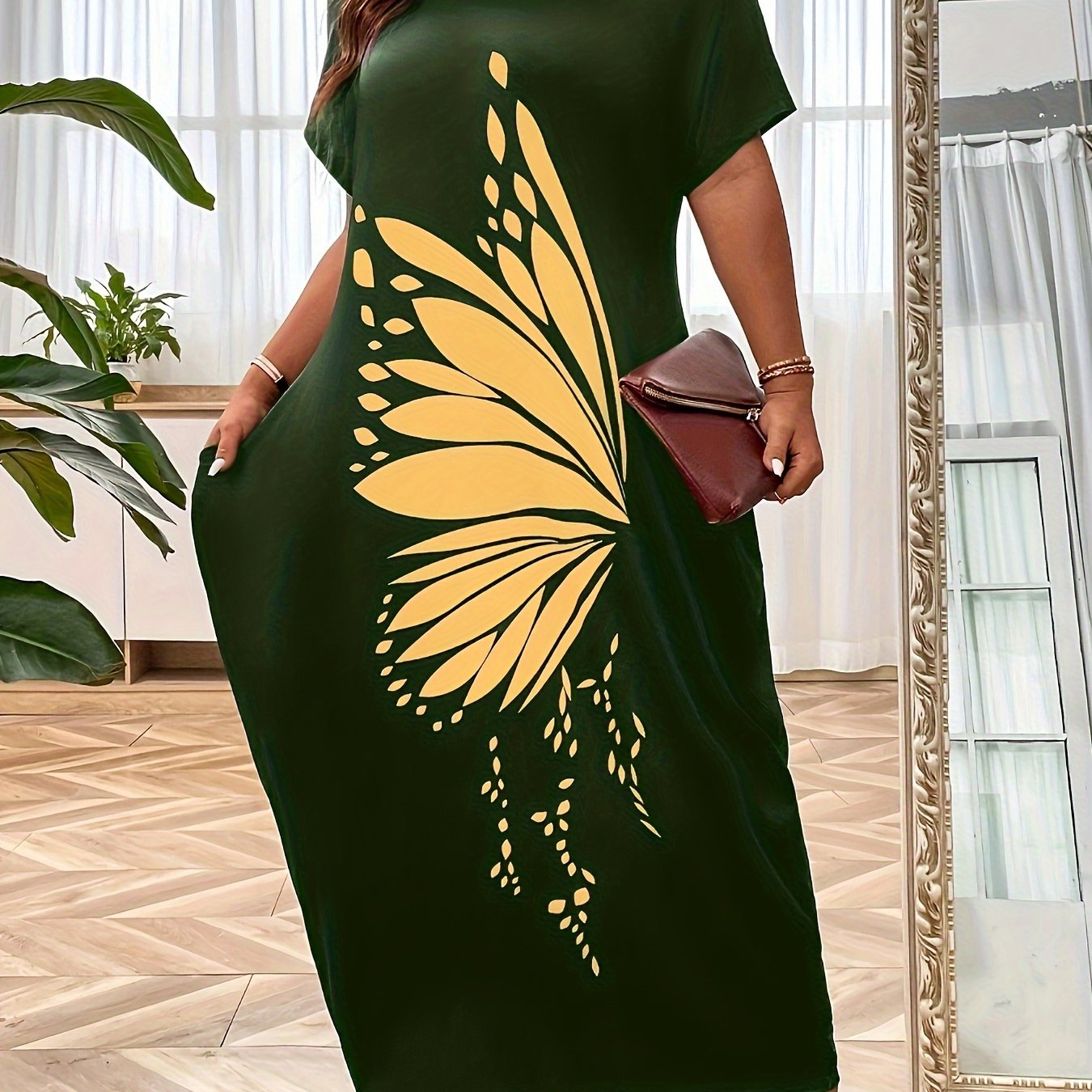 Chic Off-Shoulder Butterfly Print Maxi Dress for Women - Casual & Elegant, 100% Polyester, Machine Washable, Summer-Ready with Short Sleeves & Pockets