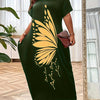Chic Off-Shoulder Butterfly Print Maxi Dress for Women - Casual & Elegant, 100% Polyester, Machine Washable, Summer-Ready with Short Sleeves & Pockets