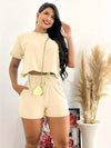 Solid Color Simple Casual Shorts Set, Crew Neck Short Sleeve Crop Top & Tie Waist Shorts Outfits For Spring & Summer, Women's Clothing