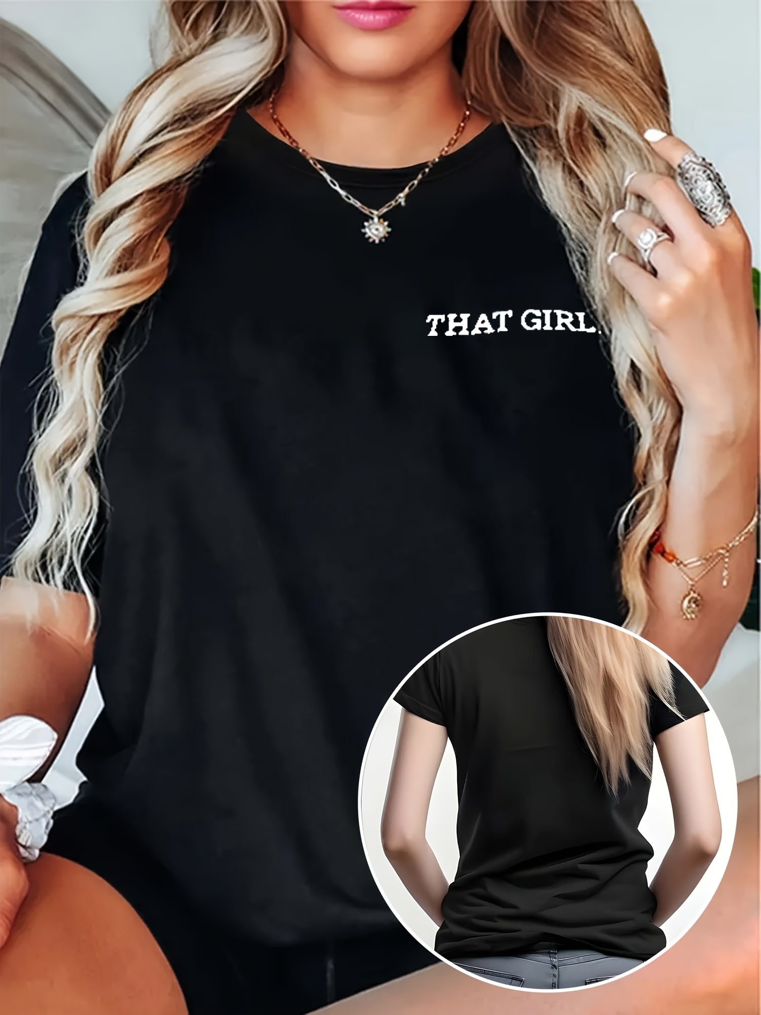 Chic Alphabet-Print Casual Tee for Women - Comfy, Versatile & Easy-Care Polyester Top