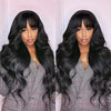 150% Density 100% Brazilian Virgin Human Hair Wig - Long Body Wavy with Bangs, Glueless Full Machine Made, Natural Black #1B - Perfect Gift for Women, New Year, Birthday & Valentine's Day