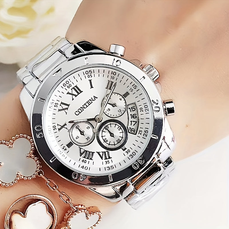 Quartz Watch For Women Stainless Steel Wrist Watch Alloy Pointer With Bracelet Set For Gifts Women daily uses Gifts For Eid