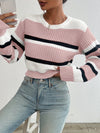 Casual Colorblock Knitted Crew Neck Sweater - Drop Shoulder Long Sleeve - Women's Clothing