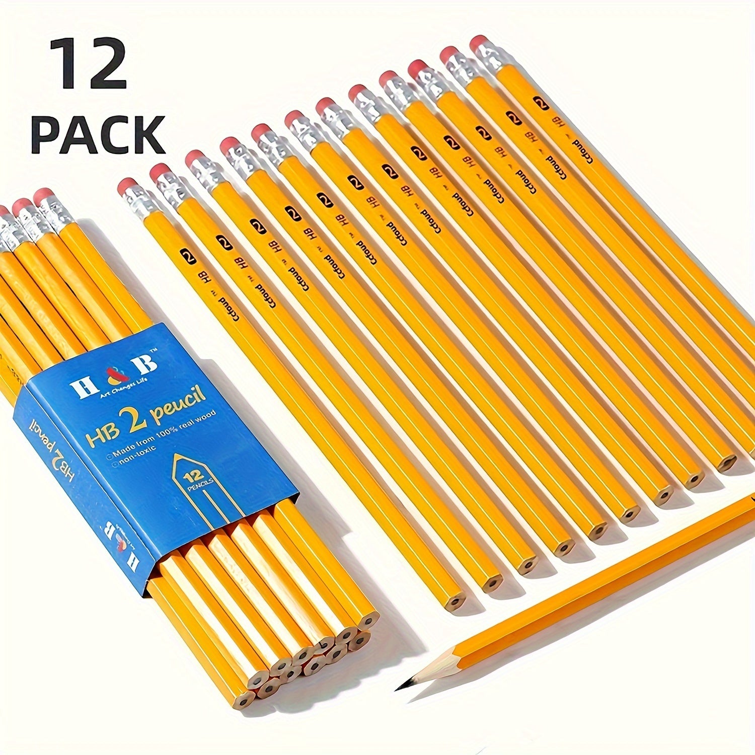 HB Hexagon Wooden Pencils With Red Color Eraser, 12pcs/24pcs Pencils With Eraser Head, HB Pencils For Writing, Drawing And Sketching, Yellow Wooden Pencils For Office