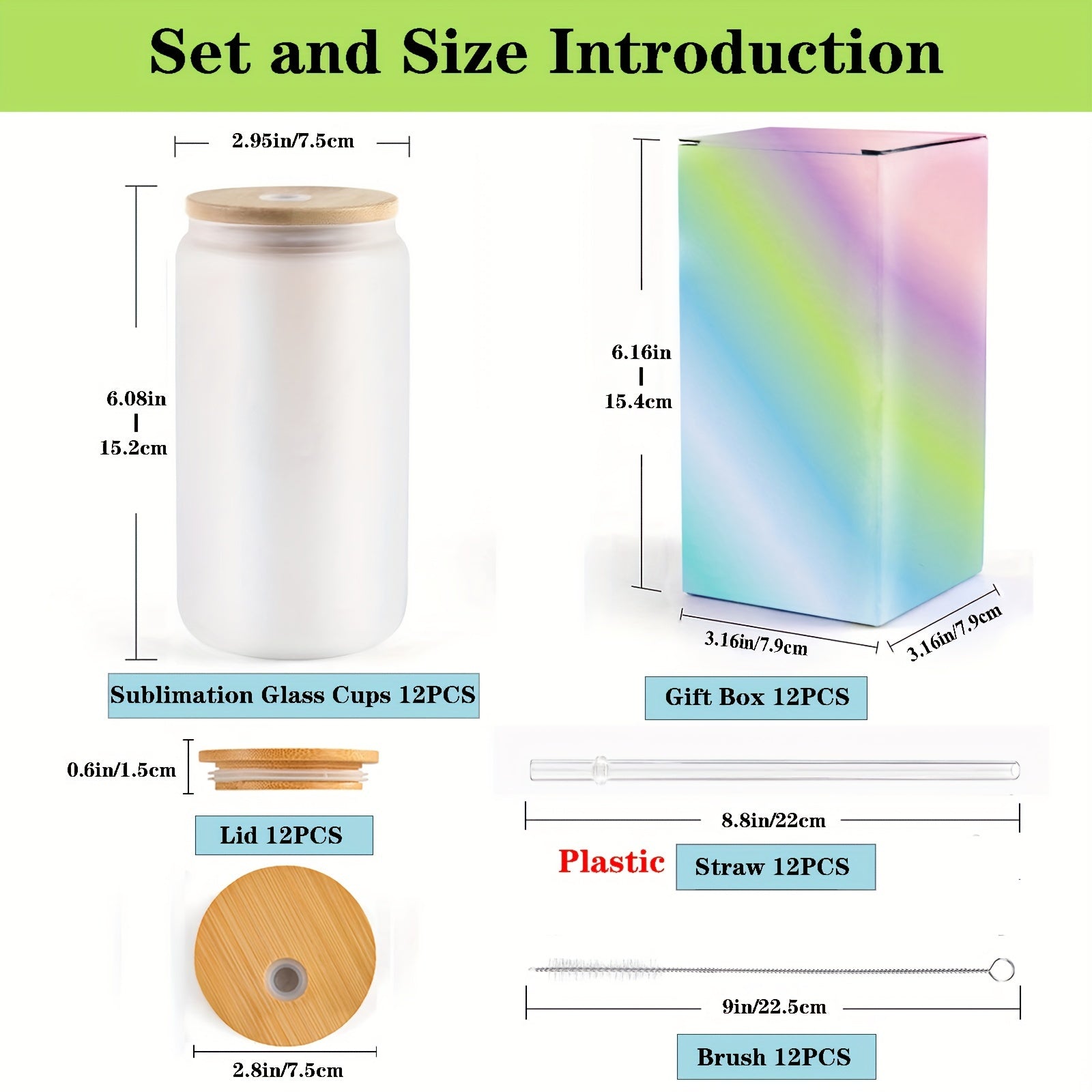 12pack 12-Piece Clear Glass Cups with Bamboo Lids, Straws, Brushes, and Gift Box
