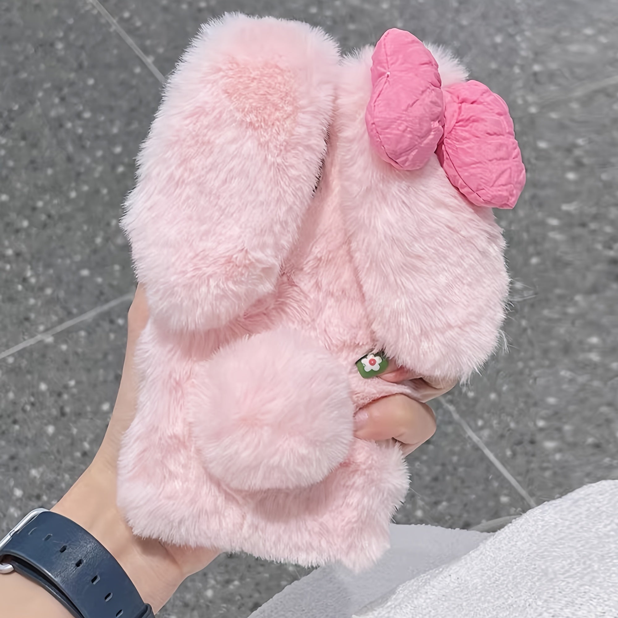 Pink Plush Velvet Bow Rabbit Plush Phone Case with Chain for iPhone 16 Pro Max and Samsung S23 S24 S25