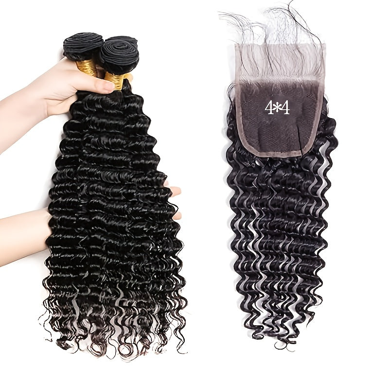 Human Hair Deep Wave Human Hair Bundles With 4*4 Lace Closure, 100% Unprocessed Brazilian Virgin 4x4 HD Lace Closure 180 Density With Deep Wave Hair Bundles, Natural Black Modern Fashion For Black Women